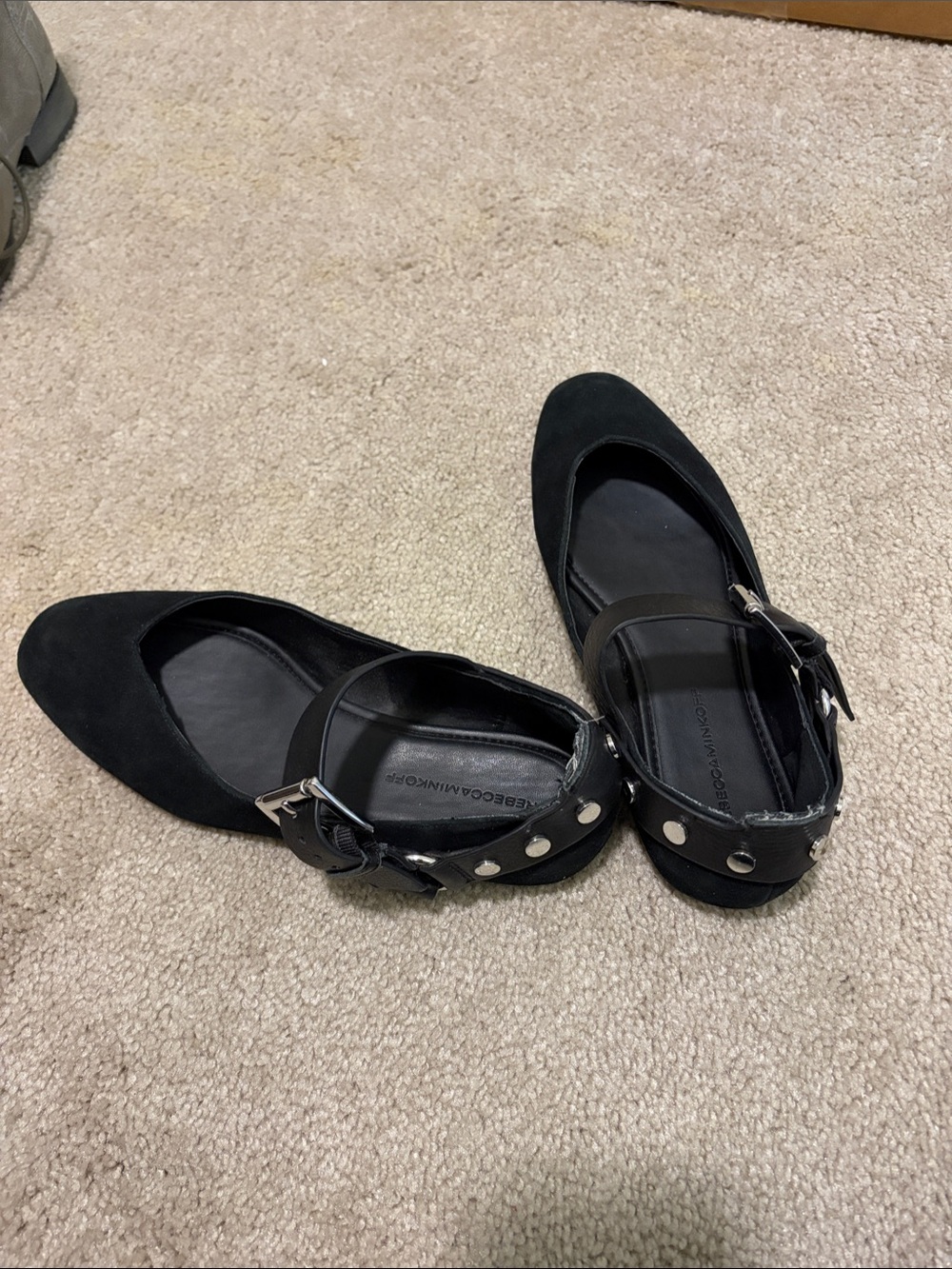 Women’s Rebecca Minkoff Black Suede Flat with silver studded buckle